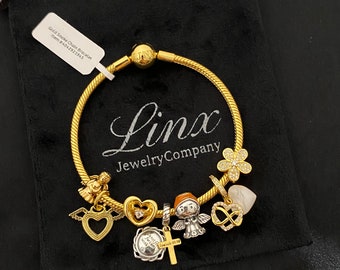 Linx Yellow Gold Snake Chain Bracelet with Religious Themed Charms