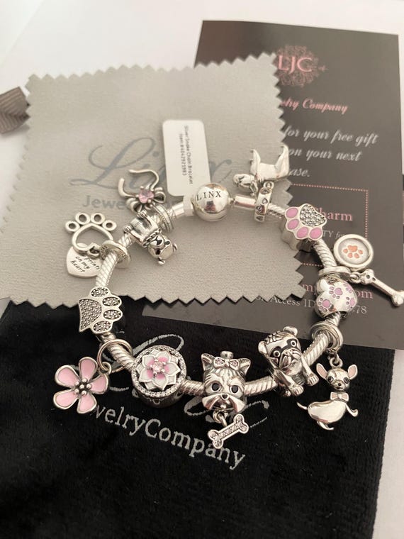 Linx Silver Snake Chain Bracelet With Pink Dog Themed Charms 925