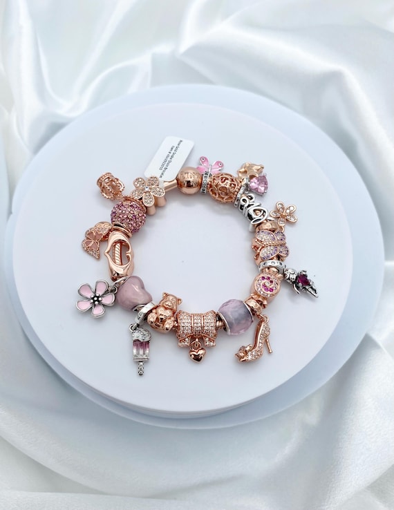 Rose Gold Charm Bracelet: Pink & Silver Charms, Sterling Silver  display picture 1