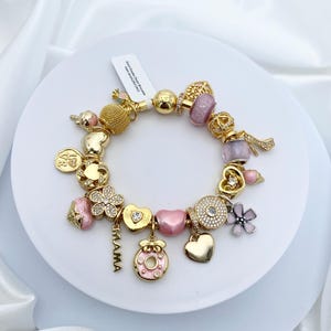 Linx Yellow Gold Snake Chain Bracelet with Pink Mom Themed Charms