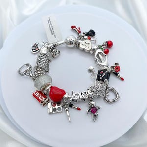 Linx Silver Snake Chain Bracelet with Red Valentines Love and Heart Themed Charms 925 sterling silver
