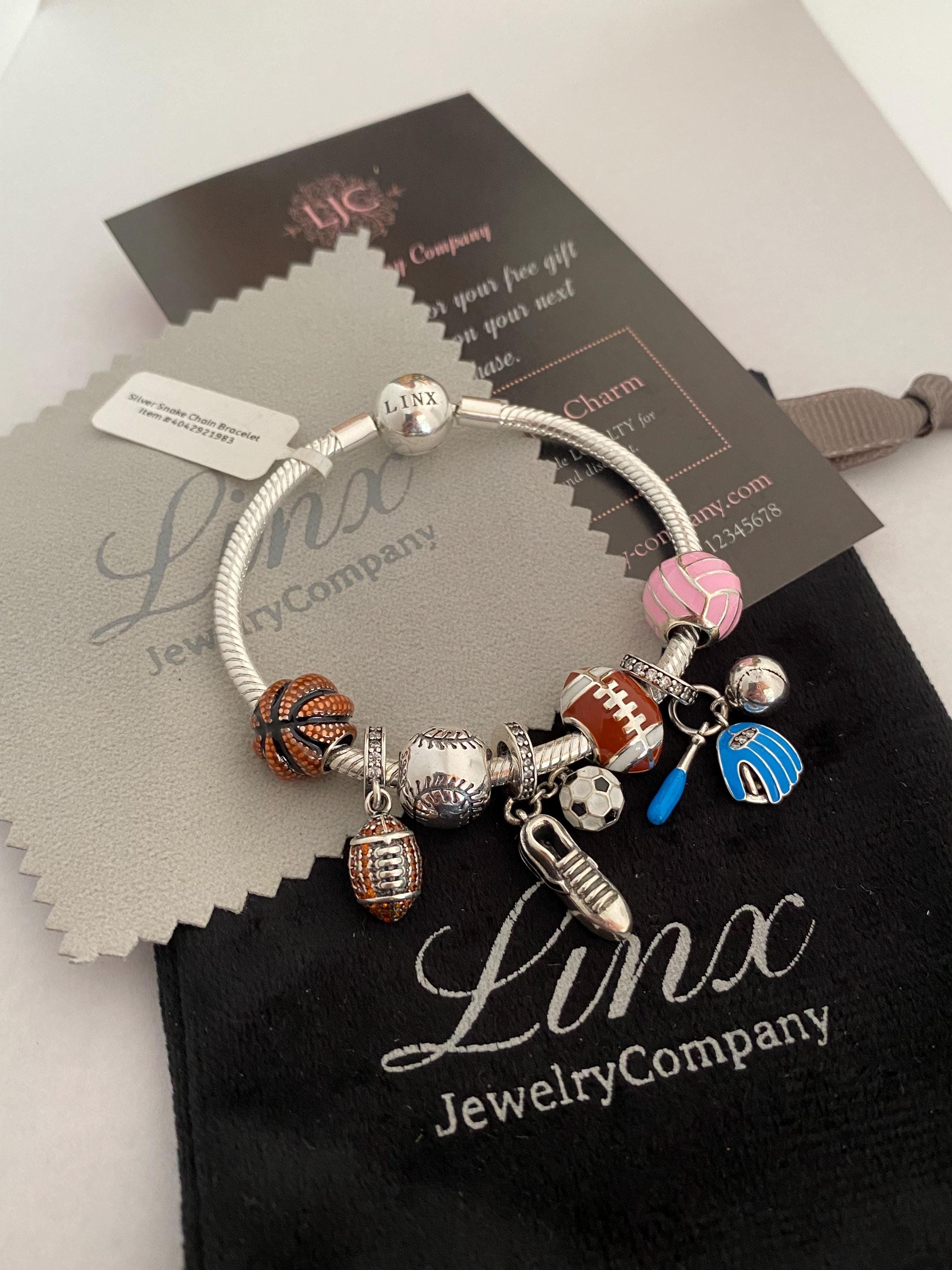Linx Silver Snake Chain Bracelet With Sports Themed Charms 925