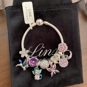 Linx Snake Chain Bracelet with Whimsical Dragon Unicorn Flower and Butterfly Themed Charms 925 sterling silver
