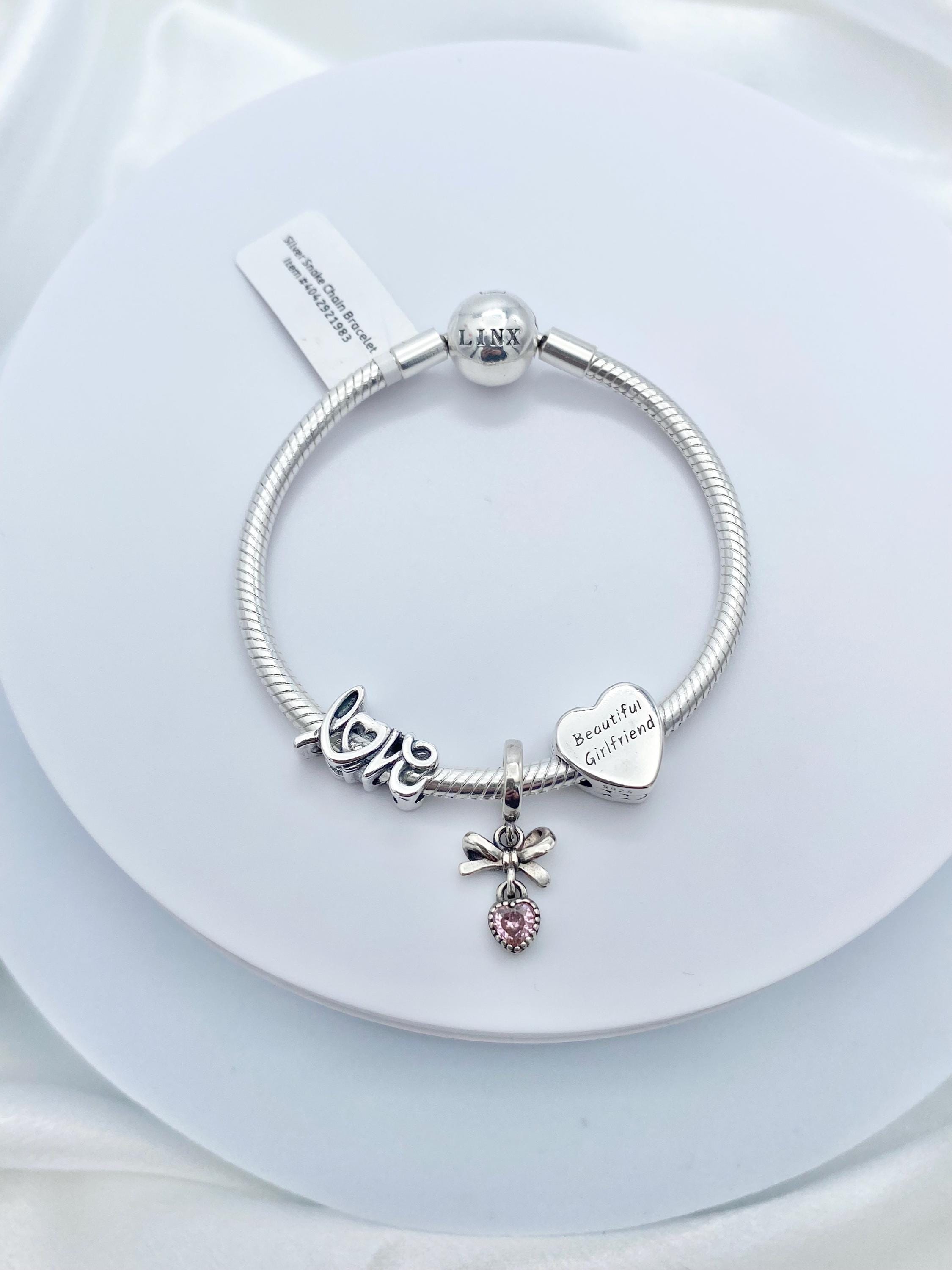 Linx Sterling Silver Snake Chain Charm Bracelet: Love & Heart