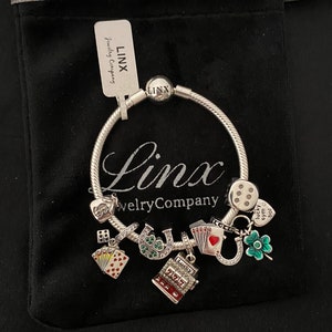 Linx Snake Chain Bracelet with Casino Gambling Themed Charms 925 sterling silver