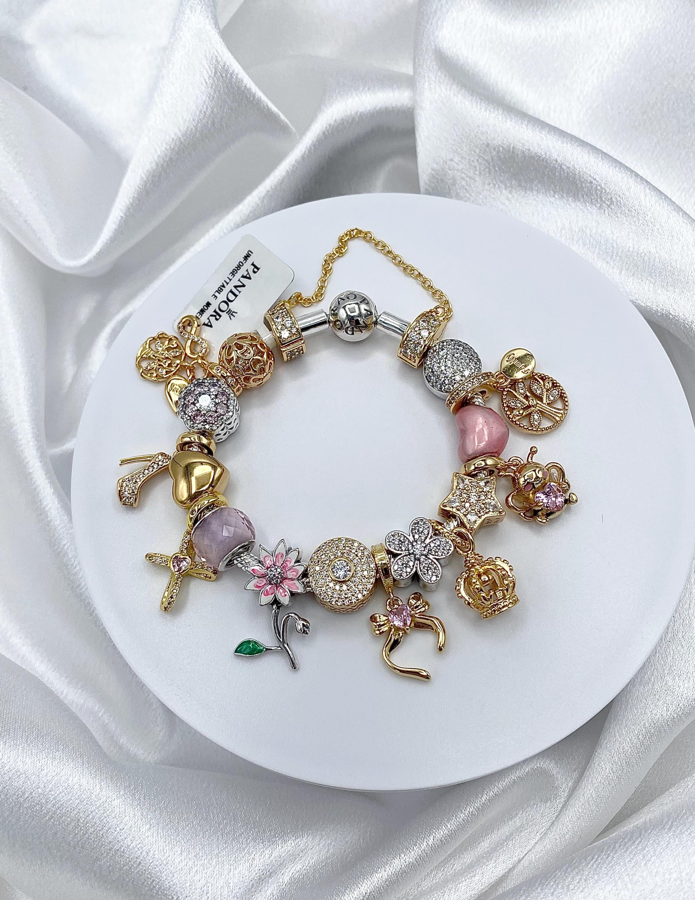 Pandora Moments Charm Bracelet: Gold Silver and Pink - Etsy