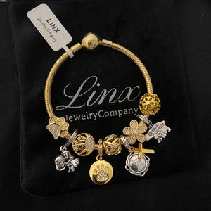 Linx Yellow Gold Snake Chain Bracelet with Wife Mom Pet and Religious Themed Charms