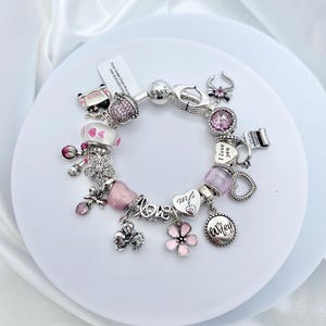 Linx Silver Snake Chain Bracelet with Pink Wife Valentines Love and Heart Themed Charms 925 sterling silver
