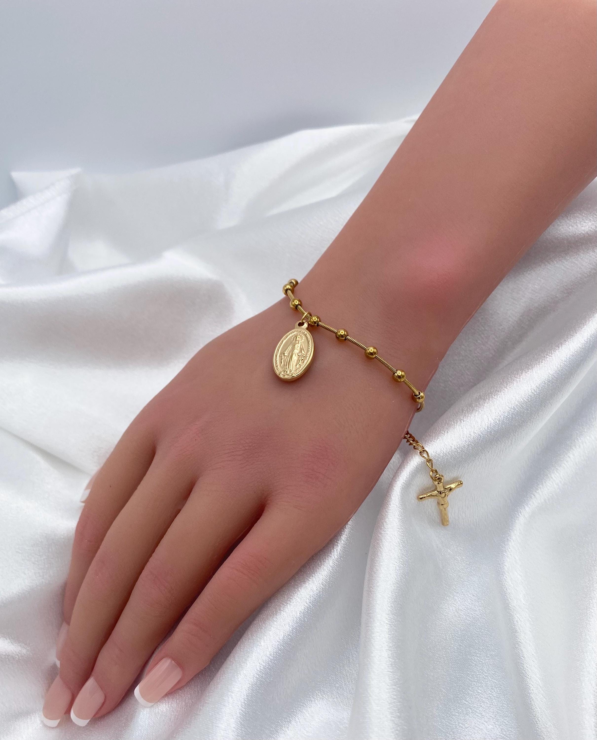 Linx Snake Chain Beaded Bracelet with Virgin Mary Pendant and Cross Extender Quinceanera Holy Communion
