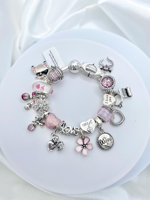 Sterling Silver Snake Chain Charm Bracelet: Pink Wife Love Charms