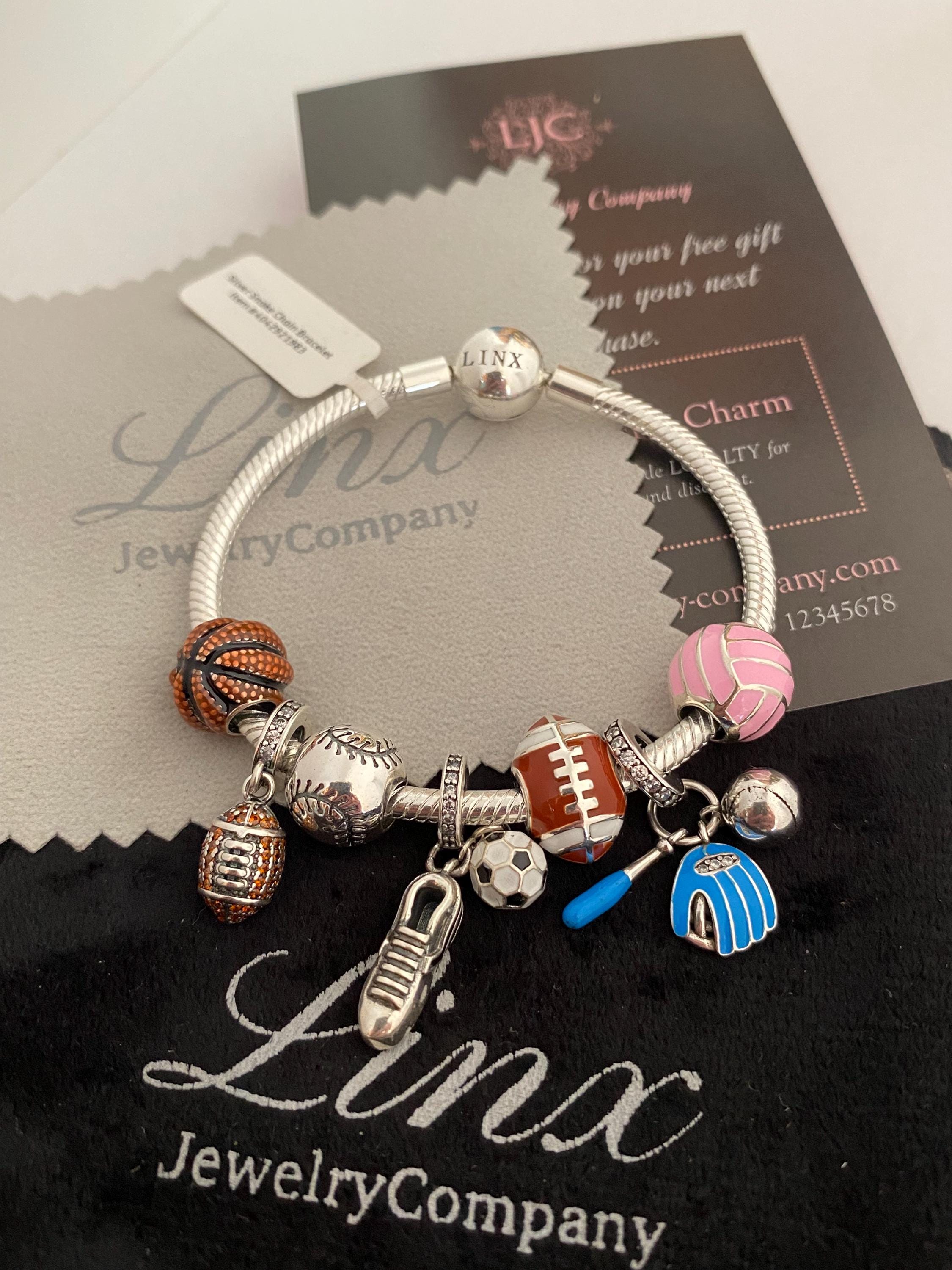 Linx Silver Snake Chain Bracelet With Sports Themed Charms 925