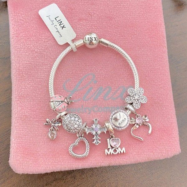 Linx Silver Snake Chain Bracelet with Religious Mom Themed Charms 925 sterling silver