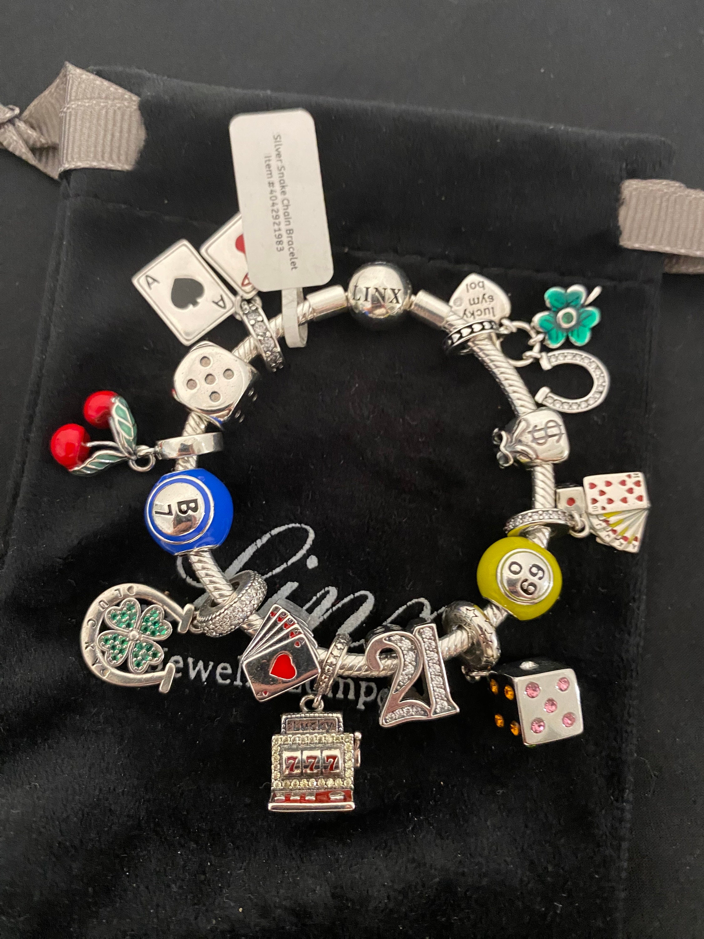 Linx Snake Chain Bracelet With Casino Gambling Themed Charms 925