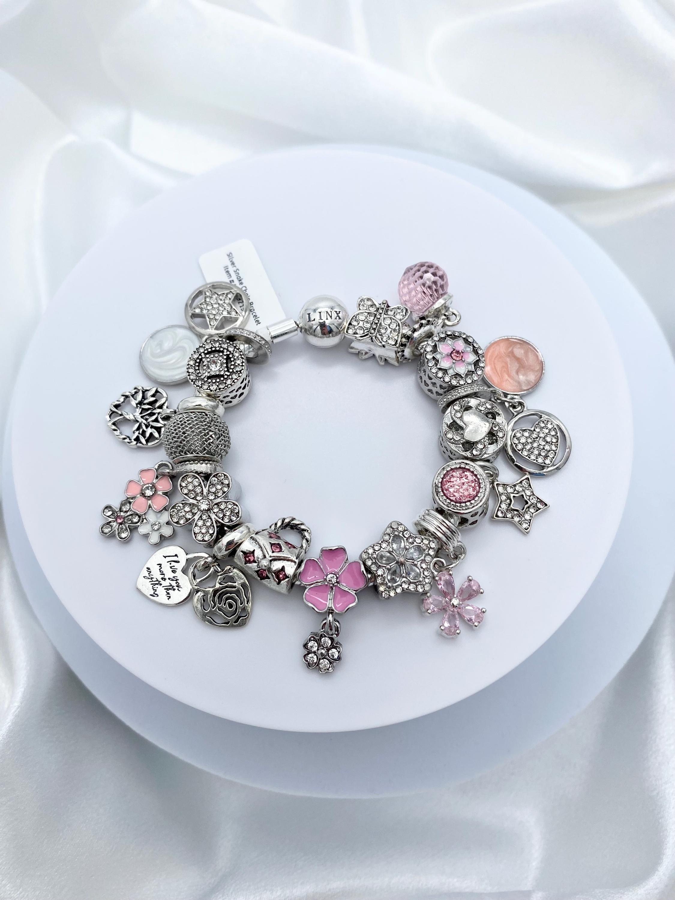 Linx Silver Snake Chain Bracelet With Pink Themed Charms - Etsy