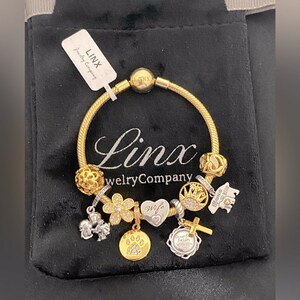 Linx Yellow Gold Snake Chain Bracelet with Wife Mom Pet and Religious Themed Charms
