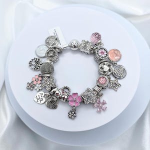 Linx Silver Snake Chain Bracelet with Pink  Themed Charms