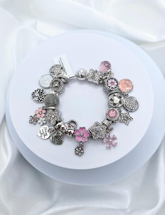 Linx Silver Snake Chain Bracelet With Pink Themed Charms - Etsy