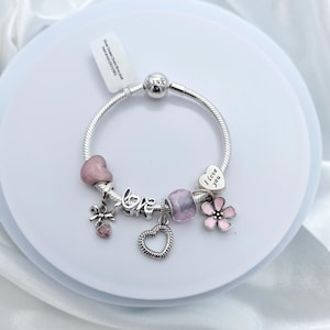 Linx Silver Snake Chain Bracelet with Pink Love and Heart Themed Charms 925 sterling silver