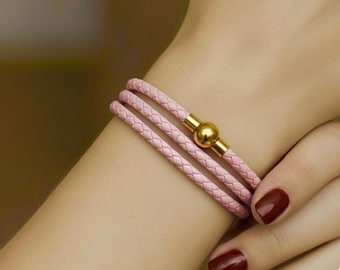 Linx drievoudige roze gevlochten leren bolo koord bedelarmband met gouden magnetische sluiting