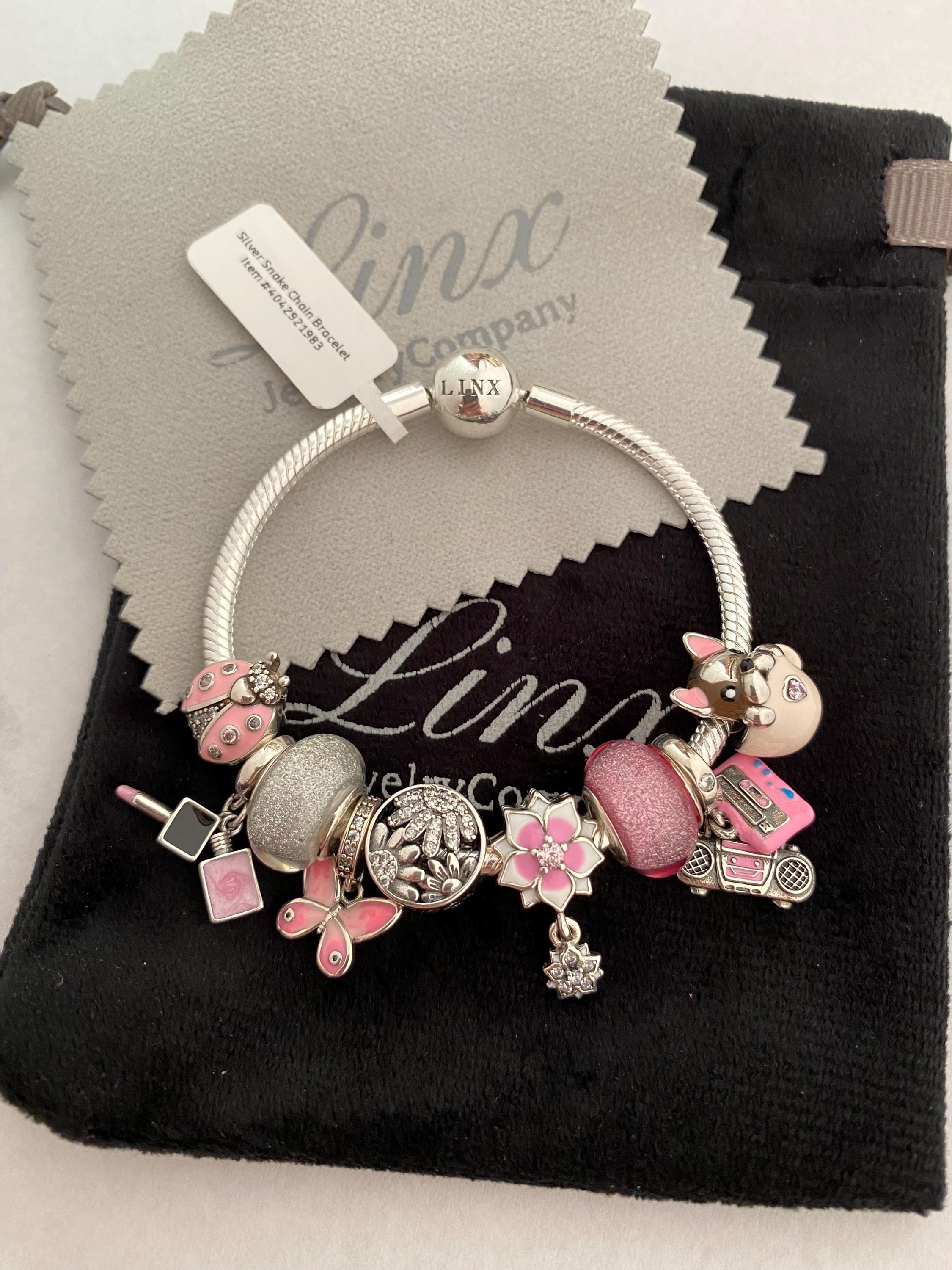 Linx Silver Snake Chain Bracelet With Pink Themed Charms 925