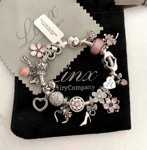 Sterling Silver Snake Chain Charm Bracelet: Pink & Silver  display picture 2