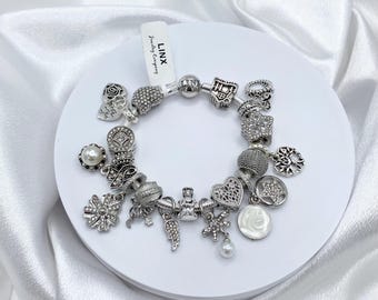 Linx Silver Snake Chain Bracelet with Zircon Themed Charms