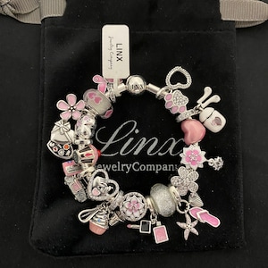 Linx Snake Chain Bracelet with Pink Girly  Themed Charms 925 sterling silver