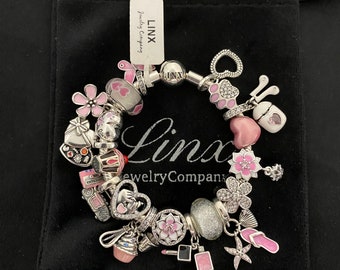 Linx Snake Chain Bracelet with Pink Girly  Themed Charms 925 sterling silver