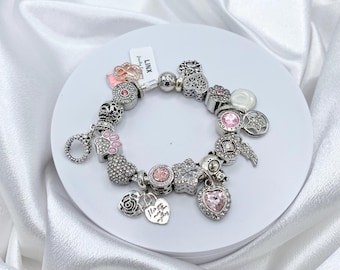 Linx Silver Snake Chain Bracelet with Pink and Silver Themed Charms