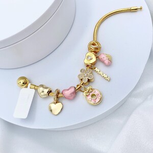 Linx Yellow Gold Snake Chain Bracelet with Pink Mom Themed Charms