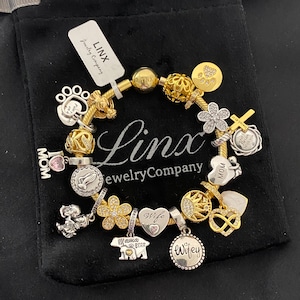 Linx Yellow Gold Snake Chain Bracelet with Wife Mom Pet and Religious Themed Charms