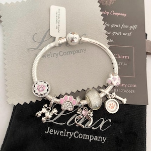 Linx Silver Snake Chain Bracelet with Pink Poodle Dog Themed Charms 925 sterling silver