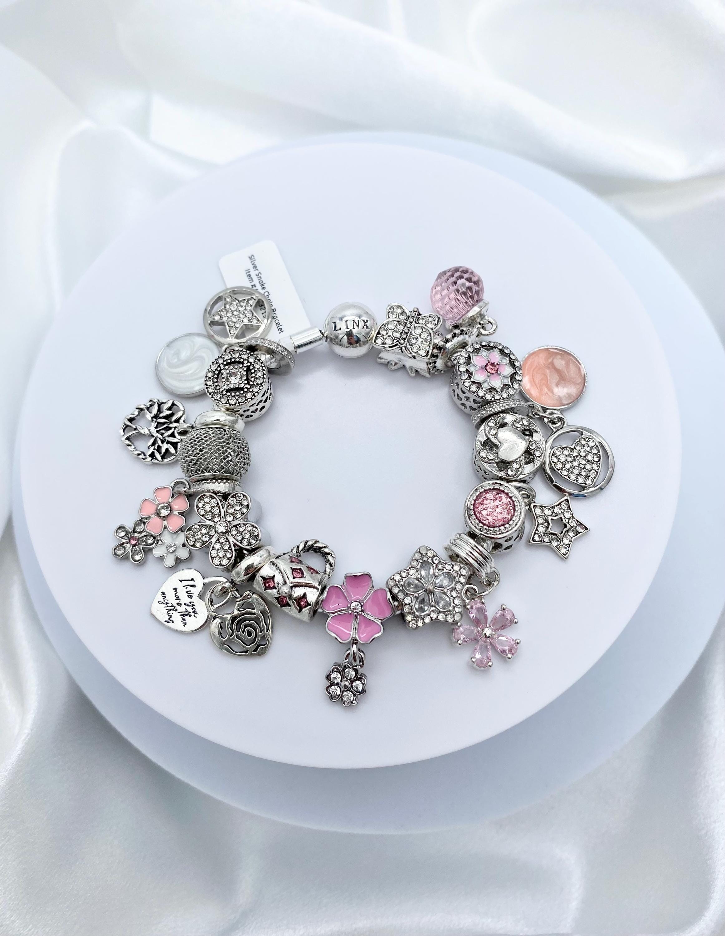 Linx Silver Snake Chain Bracelet With Pink Themed Charms - Etsy