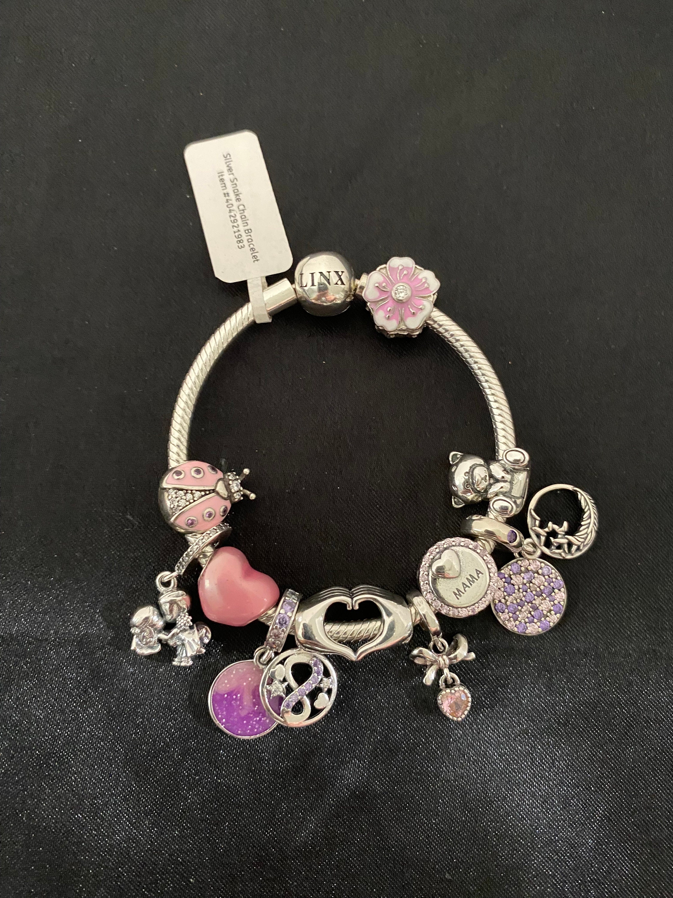 Linx Sterling Silver Snake Chain Charm Bracelet: Pink & Purple Mom