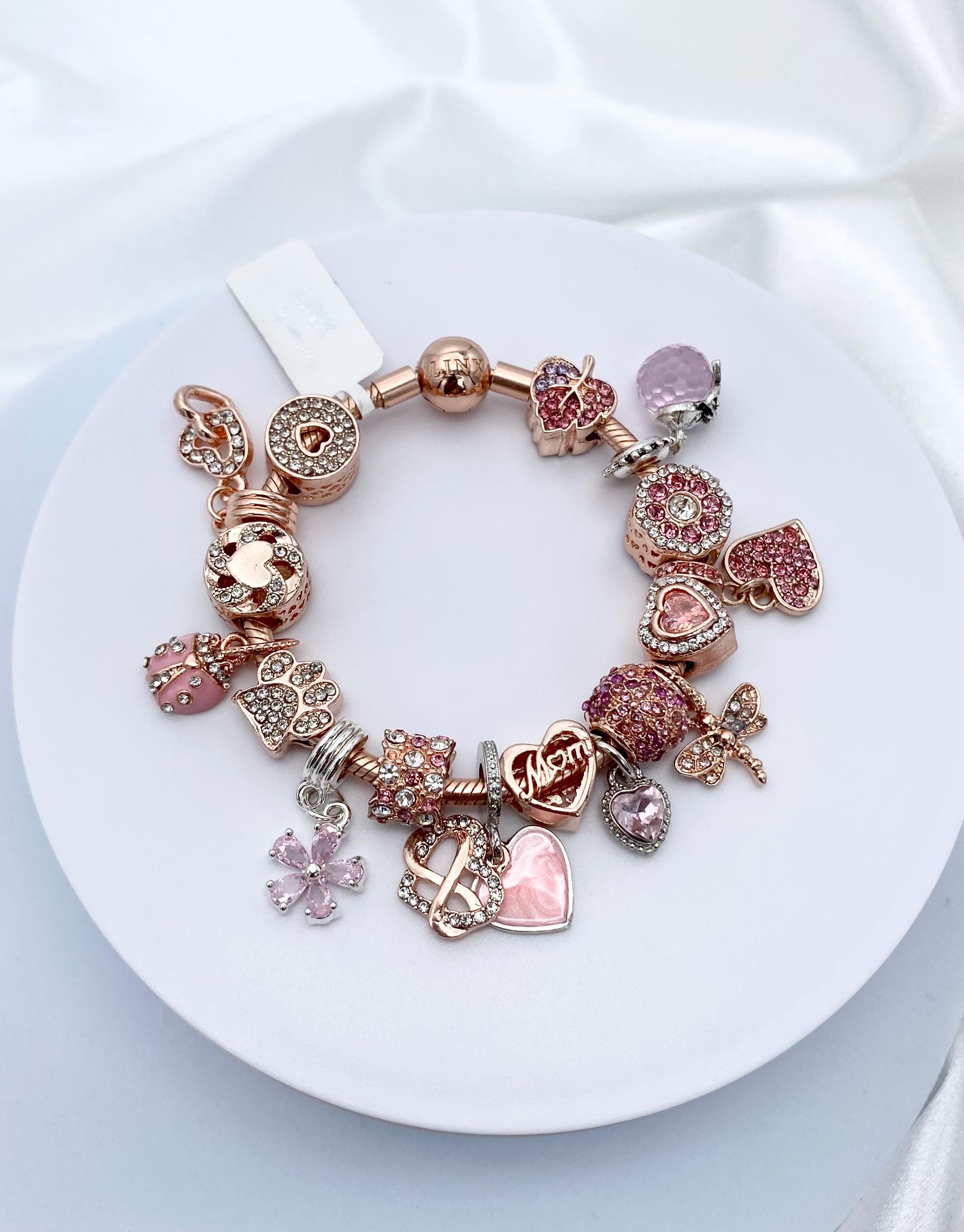 Rose Gold Charm Bracelet: Pink Cubic Zirconia, Sterling Silver