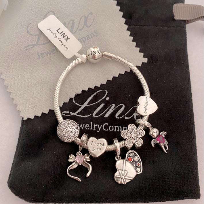Linx Silver Snake Chain Bracelet With Girlfriend Heart and Linx Silver Snake Chain Bracelet With Girlfriend Heart and