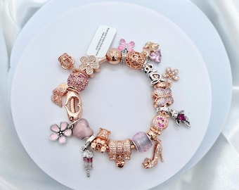 Rose Gold Charm Bracelet: Pink & Silver Charms, Sterling Silver Snake Chain