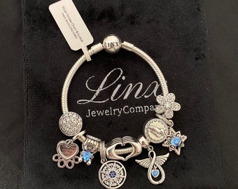 Linx Snake Chain Bracelet with Blue and Silver Charms 925 sterling silver