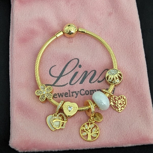 Linx Yellow Gold Snake Chain Bracelet with Mom and Family Themed Charms