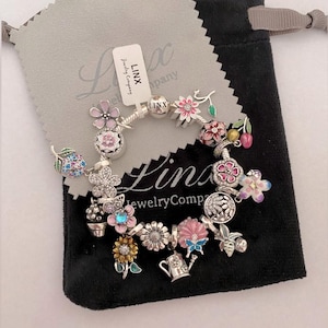 Linx Silver Snake Chain Bracelet with Flower Plants Gardening Charms 925 sterling silver