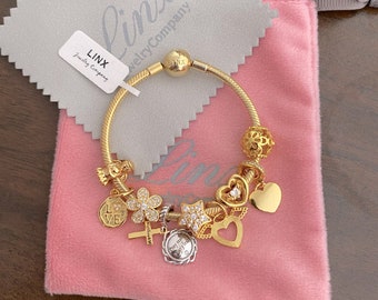 Yellow Gold Charm Bracelet: Sterling Silver Snake Chain