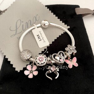 Linx Silver Snake Chain Bracelet with Pink Themed Charms 925 sterling silver