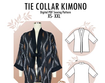 Cartamodello PDF per kimono con colletto a cravatta, taglia XS -XXL