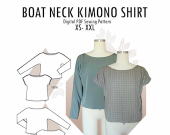 Patron de couture PDF chemise kimono col bateau, taille XS-XXL