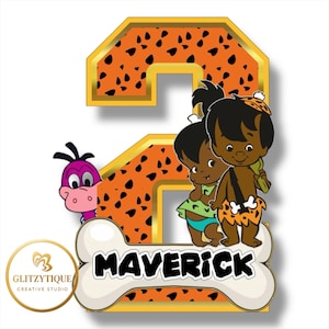 May include: A cartoon graphic featuring the number 2 in orange with black spots and gold trim, with two cartoon characters and a purple dinosaur. The name "MAVERICK" is written on a bone-shaped graphic.