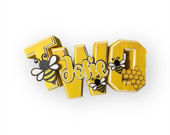 Personalized Bumble Bee Two Cake Topper - Custom Name 2nd Birthday Party Decoration