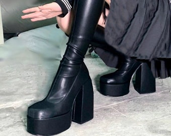 Black Chunky autumn winter boots elastic microfiber shoes woman ankle boots high heels platform long knee high boots