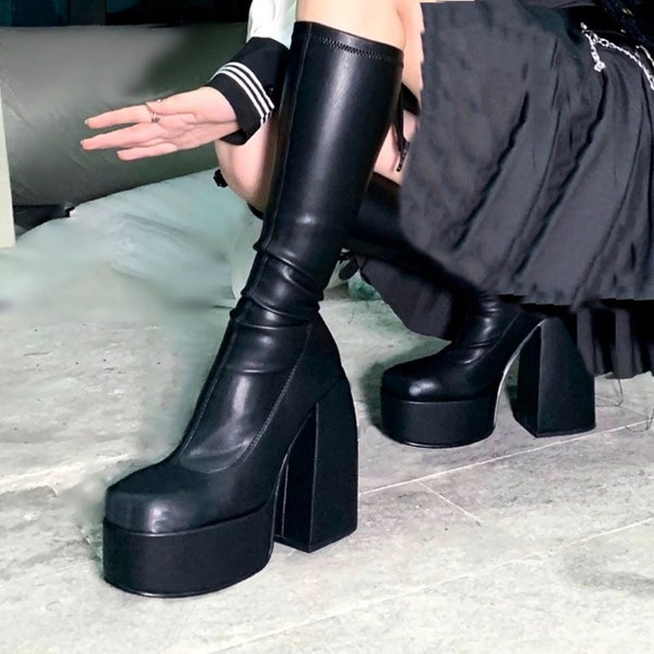 Black Chunky autumn winter boots elastic microfiber shoes woman ankle boots high heels platform long knee high boots