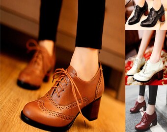 New Women's Pump Shallow Brogue Shoe, Vintage Chunky Heel Cut Out Oxford Shoes, Woman Lace Up, Female Fashion, Elegant Ladies Short Boot