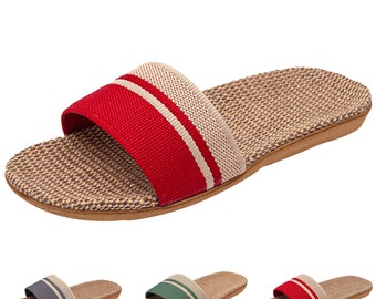 Women New Slippers Flip-Flops Shoes Linen Slippers Beach Sandals Summer Breathable Flat Shoes Striped Sandals Household